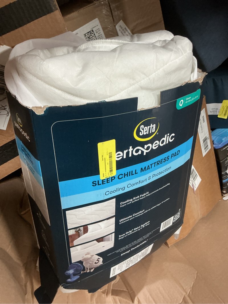 Condition photo showing As Is for serta power chill full size waterproof mattress cover, soft and breathable cooling mattress protector, 15" elastic deep pocket for secure fit, white full white protector