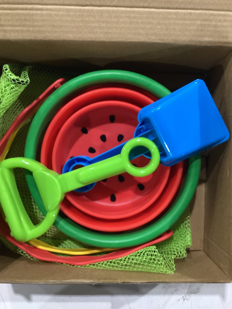 Condition photo showing Good Condition for 2 pack foldable silicone sand buckets set with 4 shovels & mesh bag | premium abs build, collapsible portable playset, bright fruit print, for beach, sandbox, pool, camping, fishing & party