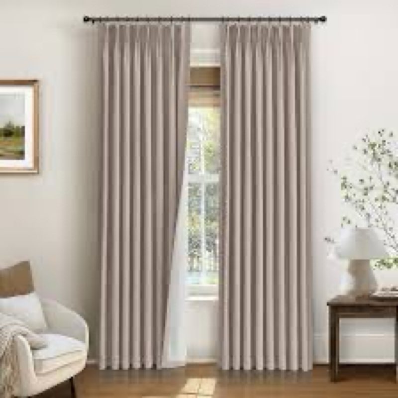 Dark Flax Linen Pinch Pleated Curtains 105 Inches Long for Bedroom Taupe Beige 100% Black Out Floor 