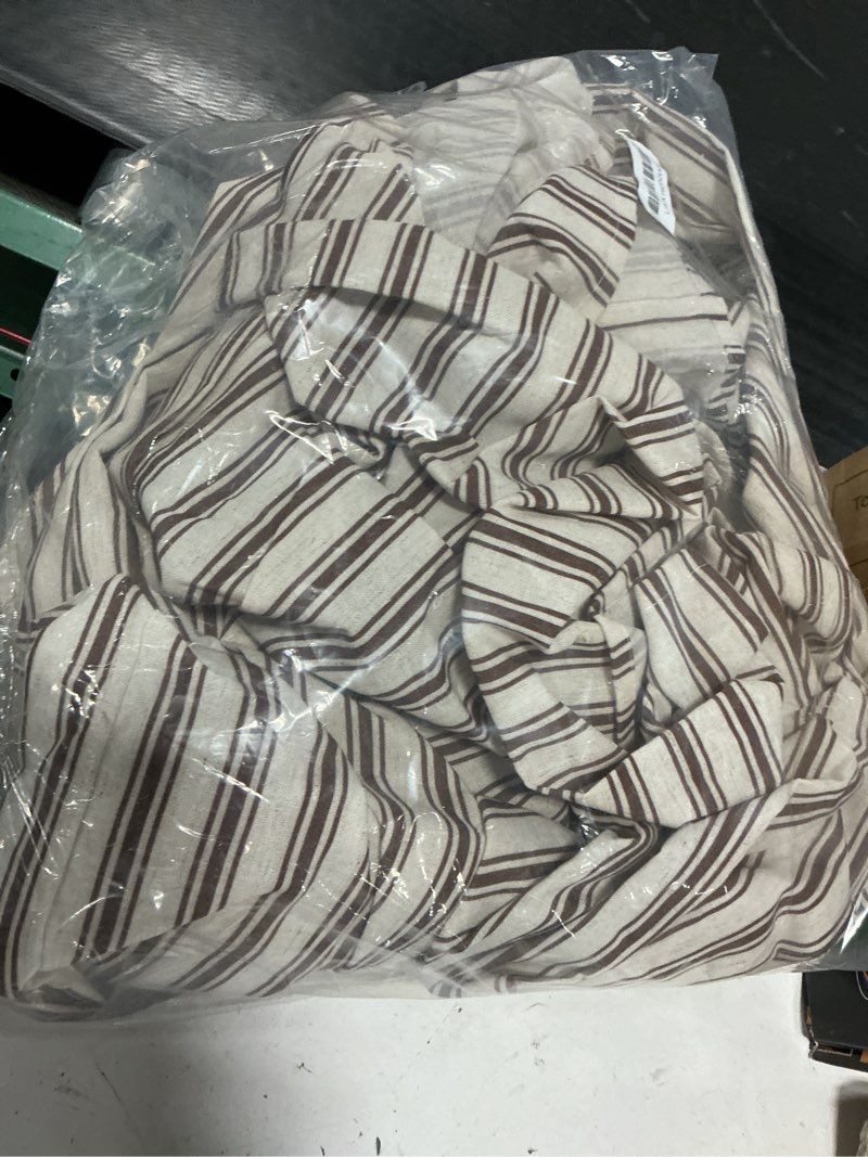 Condition photo showing As Is for farmhouse shower curtain with ruffle hem linen shower curtains for bathroom country vintage rustic natural fabric, cream-brown stripe 72" w x 96" l cream-brown stripe 72"w x 96"l