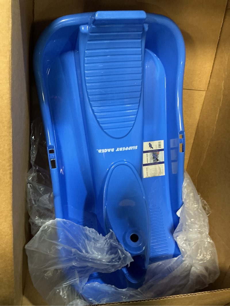 Condition photo showing As Is for Slippery Racer Downhill Derby Kids Steerable Snow Sled Blue