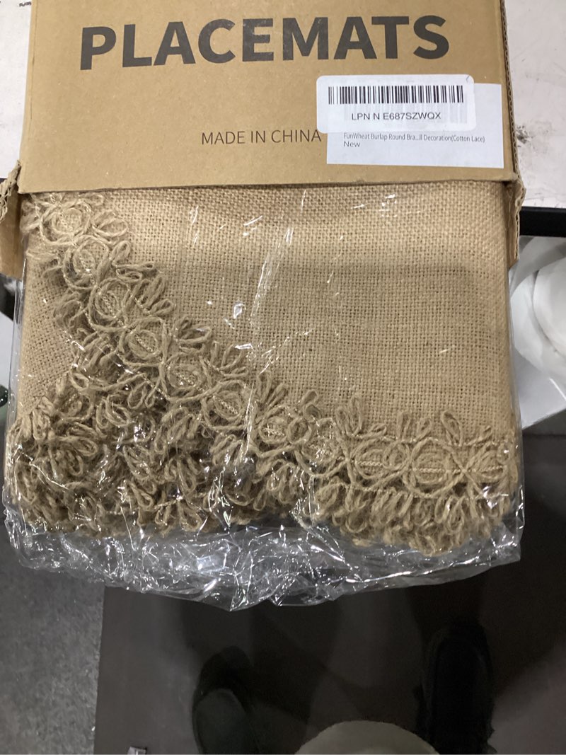 Condition photo showing New/Like New for funwheat burlap round braided placemats set of 12 for dining tables 15 inch heat resistant jute table mats farmhouse woven fabric natural place mats for fall decoration(cotton lace)