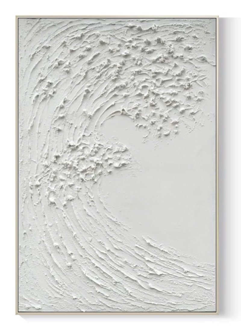 geekmacro white textured wall art - hand painted ocean waves oil painting framed large minimalist canvas artwork for living room 58x29  vertical wall decor