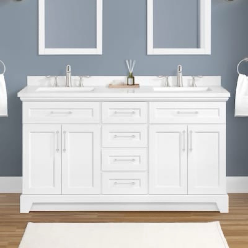allen + roth felix 60-in white undermount double sink bathroom vanity with white engineered stone