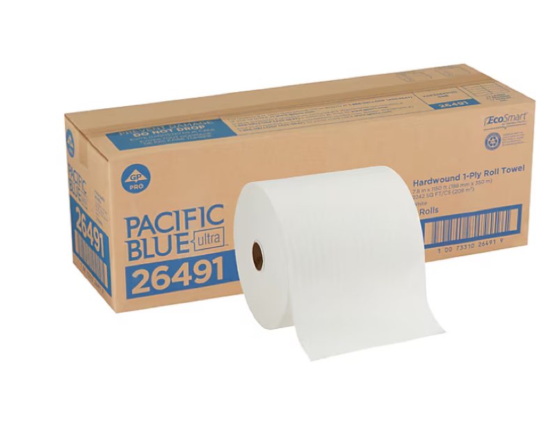 Pacific Blue Ultra 8" High-Capacity Hardwound Paper Towels, 1-Ply, 3 Rolls/Carton (26491)