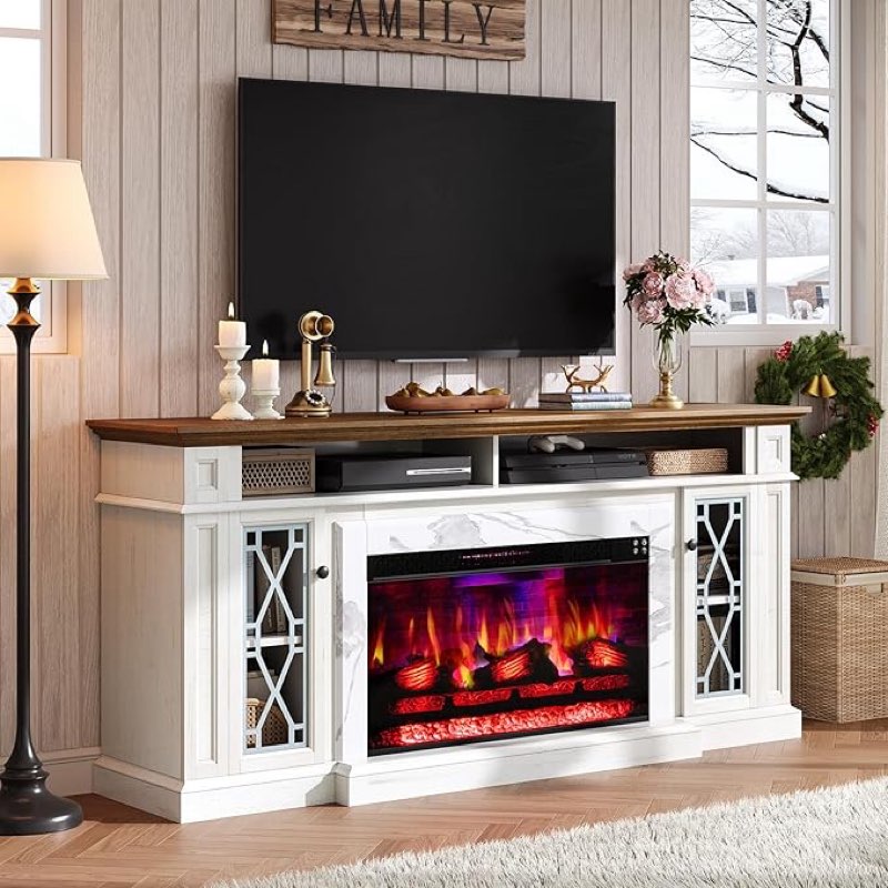 AMERLIFE 70\" Farmhouse Heavy Fireplace TV Stand with 33\" Electric Fireplace, for 80\" TVs up, Media Entertainment Center with Diamond Door, TV Console Storage Cabinet for Living Room, White & Barnwood. INCOMPLETE 