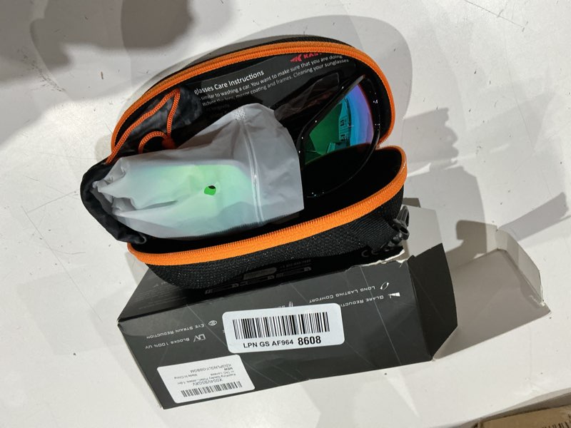 Condition photo showing Good Condition for kastking gauley polarized sunglasses with purivex protective lens coating,uv 400 and wrap design sport fishing sunglasses k: black frame, chartruesse mirror