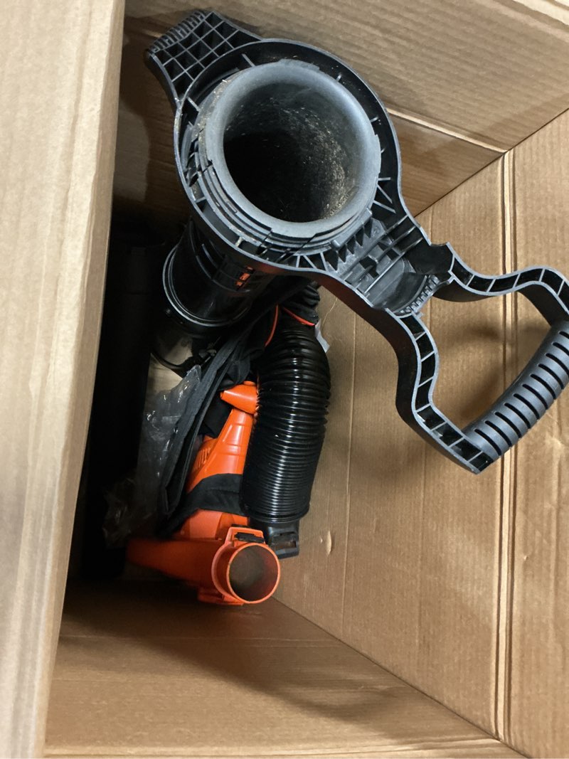 Condition photo showing As Is for black+decker leaf blower, leaf vacuum and mulcher 3 in 1, backpack blowers for lawn care,250 mph airflow, 400 cfm delivery power, reusable bag included, corded (bebl7000)