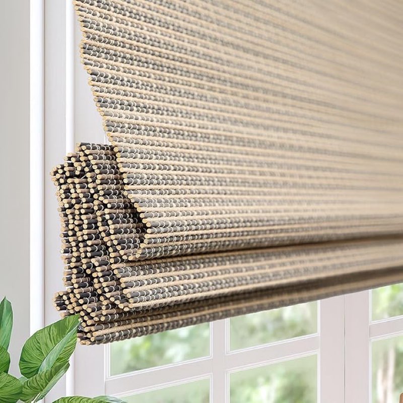 cordless blackout bamboo roman shades, easy installation natural woven wood window shades, custom room darkening lined roll up bamboo blinds for windows, doors,kitchen, rain shadow