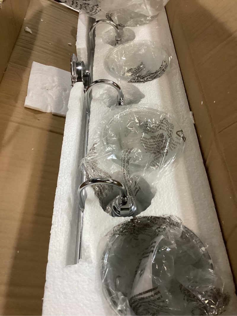 Condition photo showing As Is for Similar Progress Lighting Ambrose Collection 29 in. 4-Light Polished Chrome Clear Glass New Traditional Bath Vanity Light