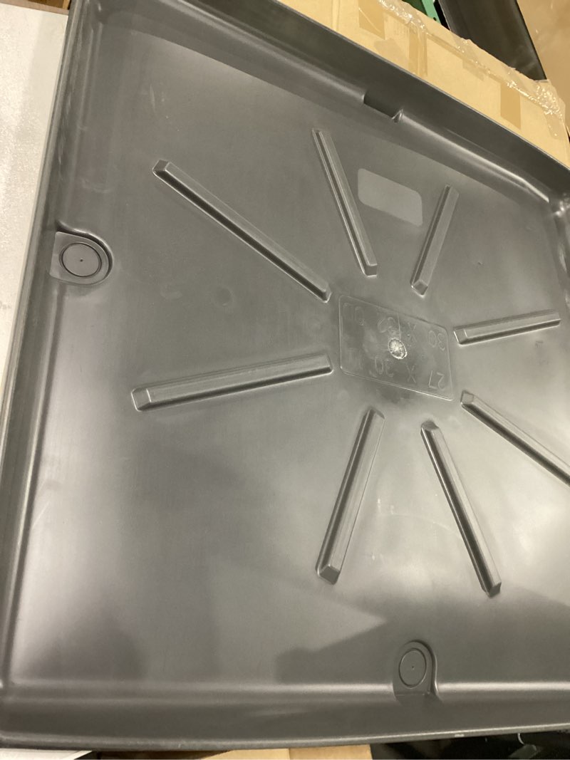 Condition photo showing New/Like New for Camco Washing Machine Drain Pan - Features a Durable Plastic Construction, 1-inch/1.5-inch PVC Drain Fitting, and Measures 30-inches (L) x 32-inches (W) x 2 ½-inches (H) (OD) (20750) Standard Packaging graphite 30" x 32"