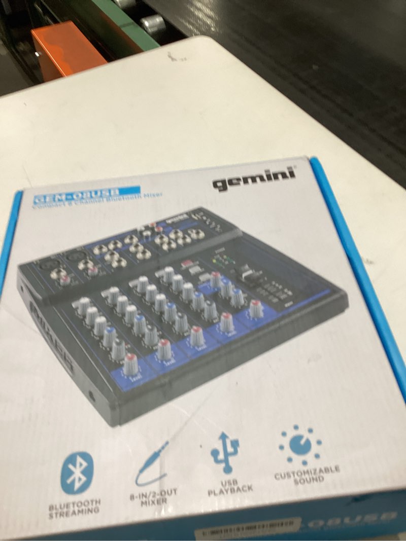 Condition photo showing New/Like New for Gemini 8-Channel Audio Mixer – USB Playback, FX, EQ, Phantom Power – Compact DJ Mix Console for Music, Podcast, Live Sound & Studio Recording (GEM-08USB)