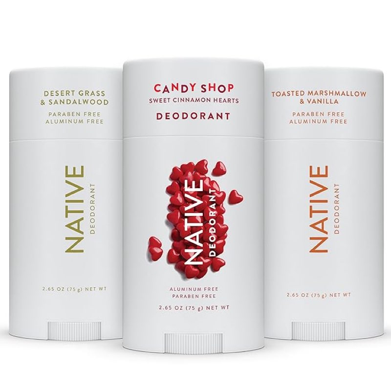 native deodorant |natural deodorant for men, seasonal, aluminum free with baking soda, probiotics |candy shop sweet cinnamon hearts , desert grass & sandalwood and toasted marshmallow & vanilla - 3 pk