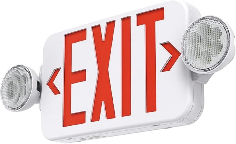 Red Led Exit Sign Emergency Light Combo Adjustable Two Head, Double Sided and Battery Backup Exit Light, Contractor Select, AC 120/277V (1)