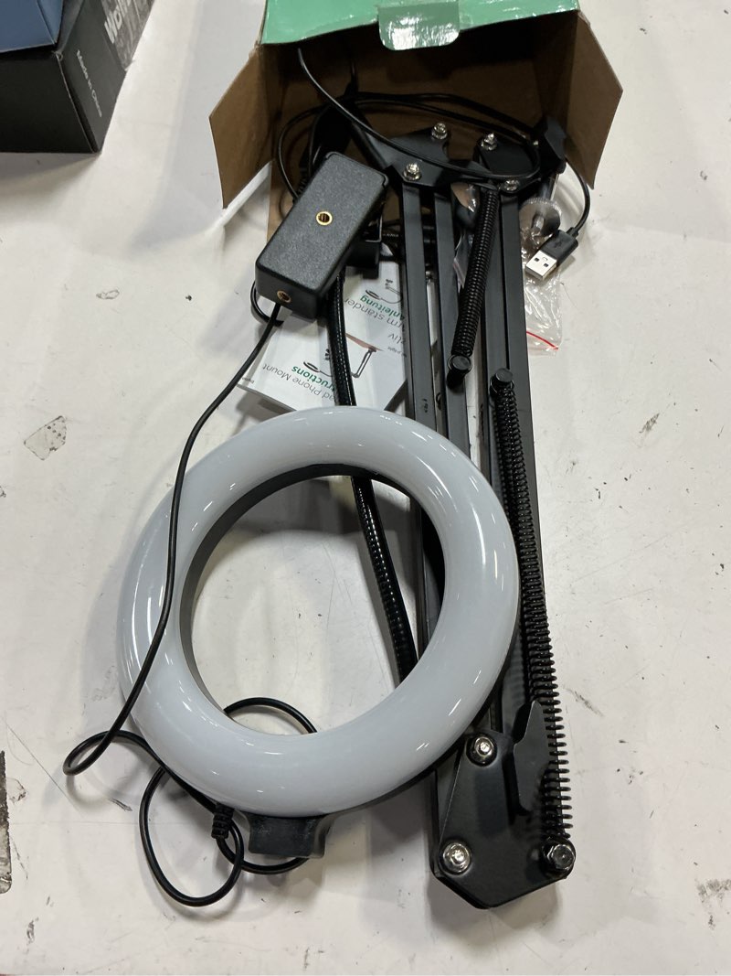 Condition photo showing As Is for overhead camera mount with ring light, flexible articulating phone arm stand compatible with iphone, logitech webcam, desk tripod for youtube live stream cooking nail video recording black