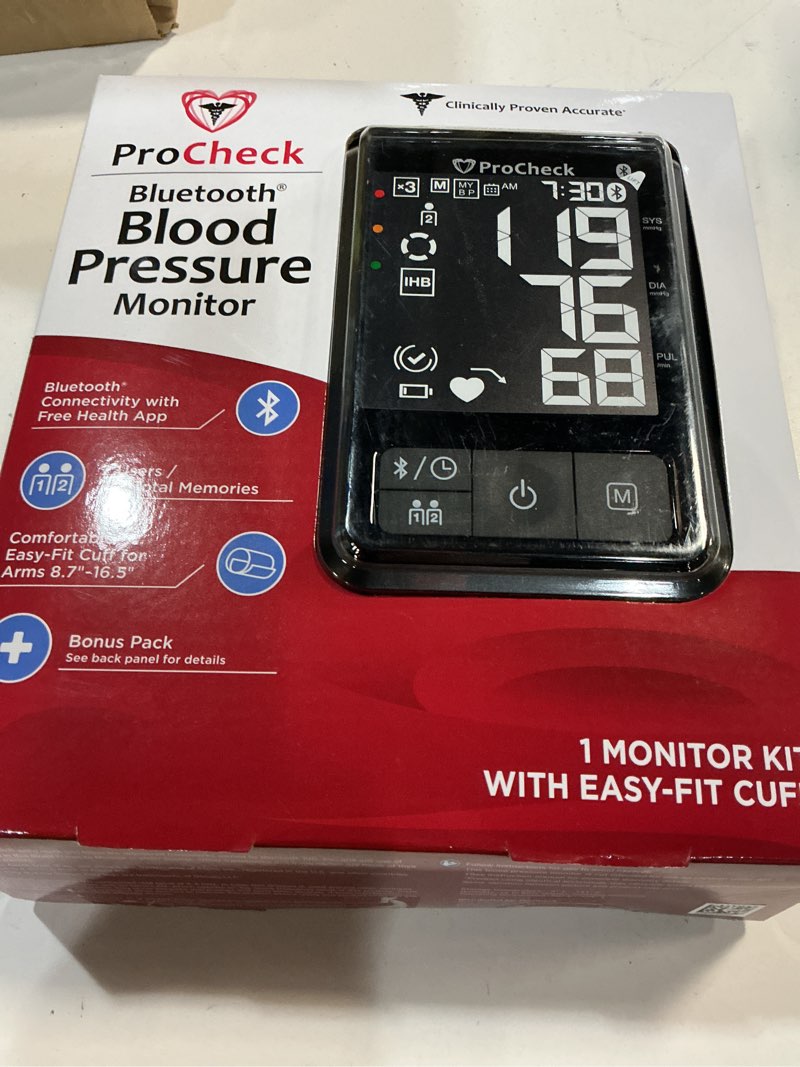 Condition photo showing As Is for bluetooth upper arm blood pressure monitor for 2 users, wide range cuff fits most, (stores 198 total results), connects to health app for ios and android