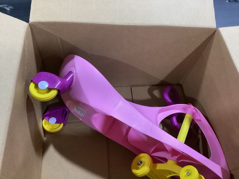 Condition photo showing As Is for wiggle car ride on toy - no batteries, gears or pedals - twist, swivel, go - outdoor ride ons for kids 3 years and up by lil' rider (pink and purple)