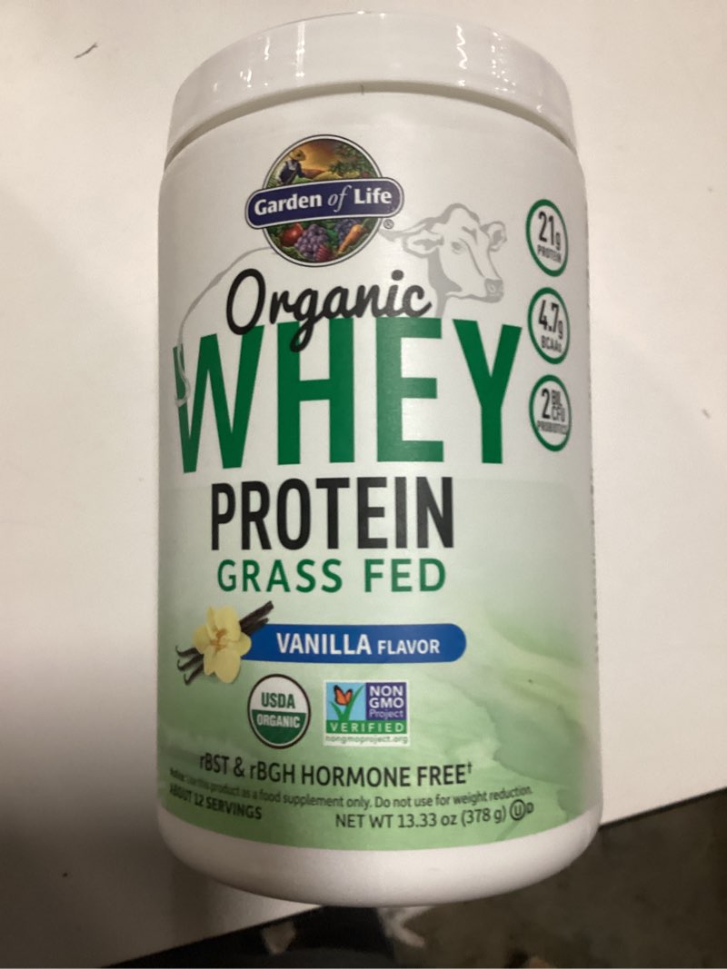 Condition photo showing New/Like New for (By 30-apr-2026)Garden of Life Grass Fed Whey Protein Powder Vanilla - 21g Protein for Women & Men + Probiotics - 12 Servings - Gluten Free, Non GMO, Kosher, Humane, RBST & rBGH Hormone Free