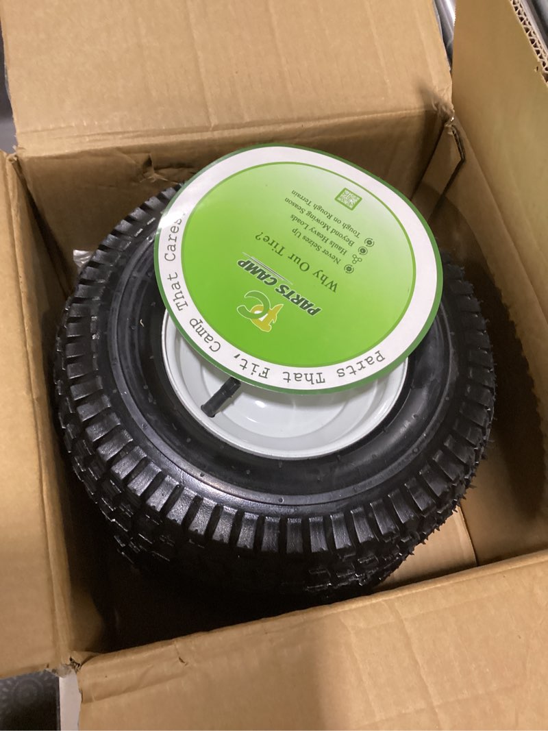 Condition photo showing As Is for parts camp 13x5.00-6 tire and wheel pneumatic lawn mower tires with 3/4" bearing and 3" to 4.5" centered hub, for 13x5x6 riding mowers (2 packs)