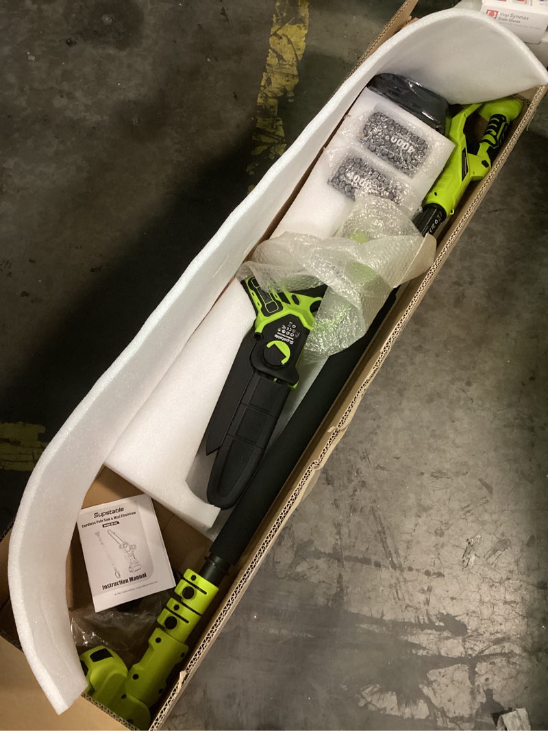 Condition photo showing New/Like New for Electric Pole Saws for Tree Trimming, 8" & 6" Mini Chainsaw Cordless with Extension Pole & 2x4.0Ah Battery, 20V Brushless Pole Saw Battery Powered, 16 Ft Reach, Tree Trimmer Limb Branch Cutter Pruner