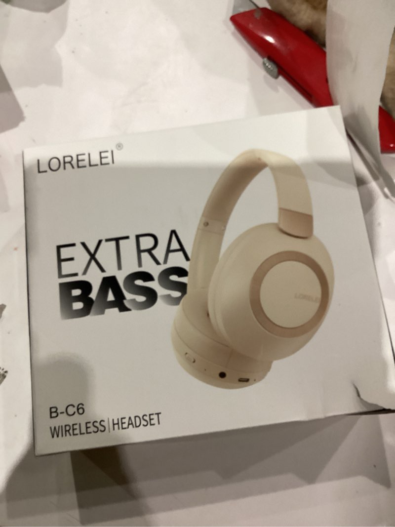 Condition photo showing As Is for LORELEI B-C6 Wireless Over Ear Headphones, 50H Playtime Foldable Lightweight Bluetooth Headsets, Deep Bass, Built-in Microphone, Memory Foam Earmuff, for Travel, Home Office (Beige White)