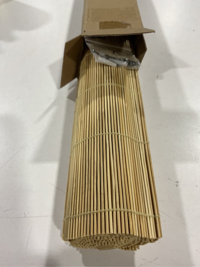 Condition photo showing As Is for 30''w x 72''h cordless bamboo roman shades, light filtering roll up bamboo matchstick blinds for interior window home patio porch, natural natural 30"w x 72"h