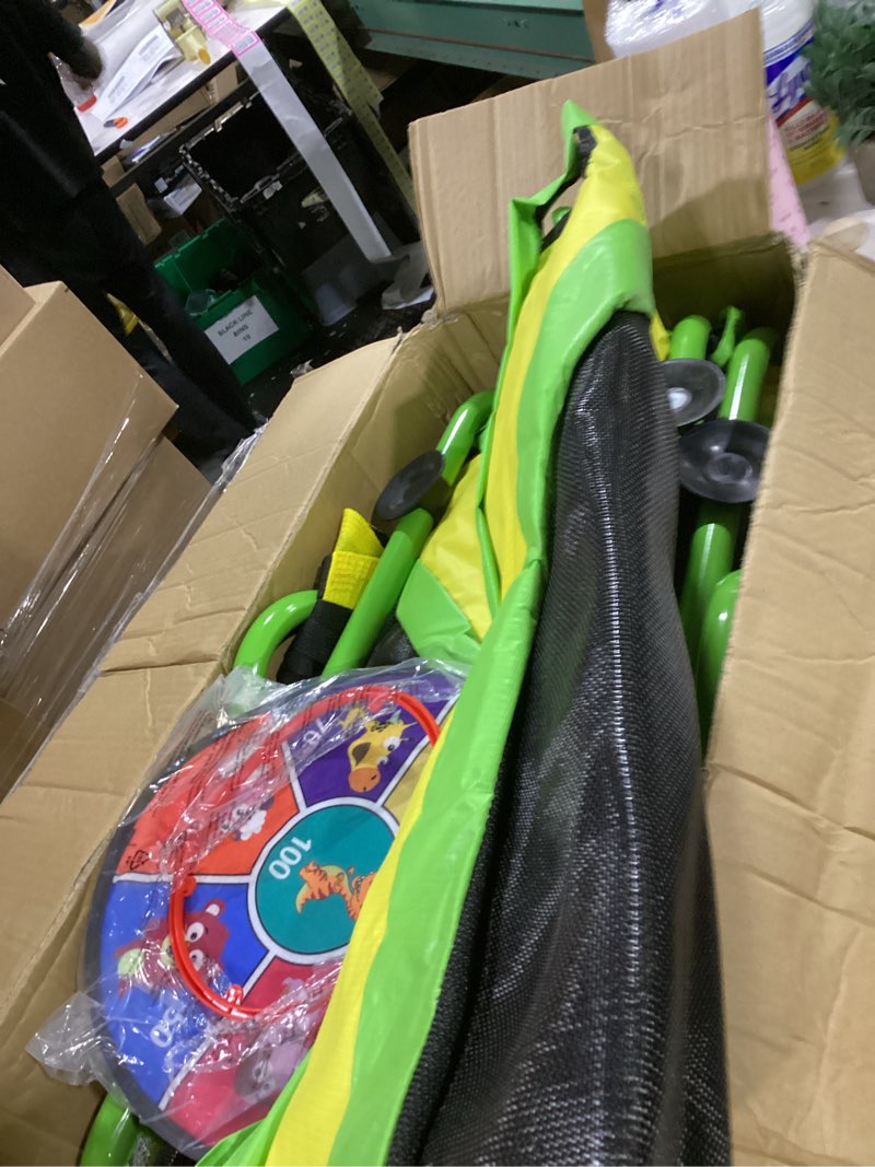 Condition photo showing As Is for langxun 60" trampoline for kids, 5ft toddler mini 6-in-1 trampoline indoor outdoor with swing, basketball hoop, dart board, rings, christmas toys birthday gifts for girls boys yellow&green 6-in-1