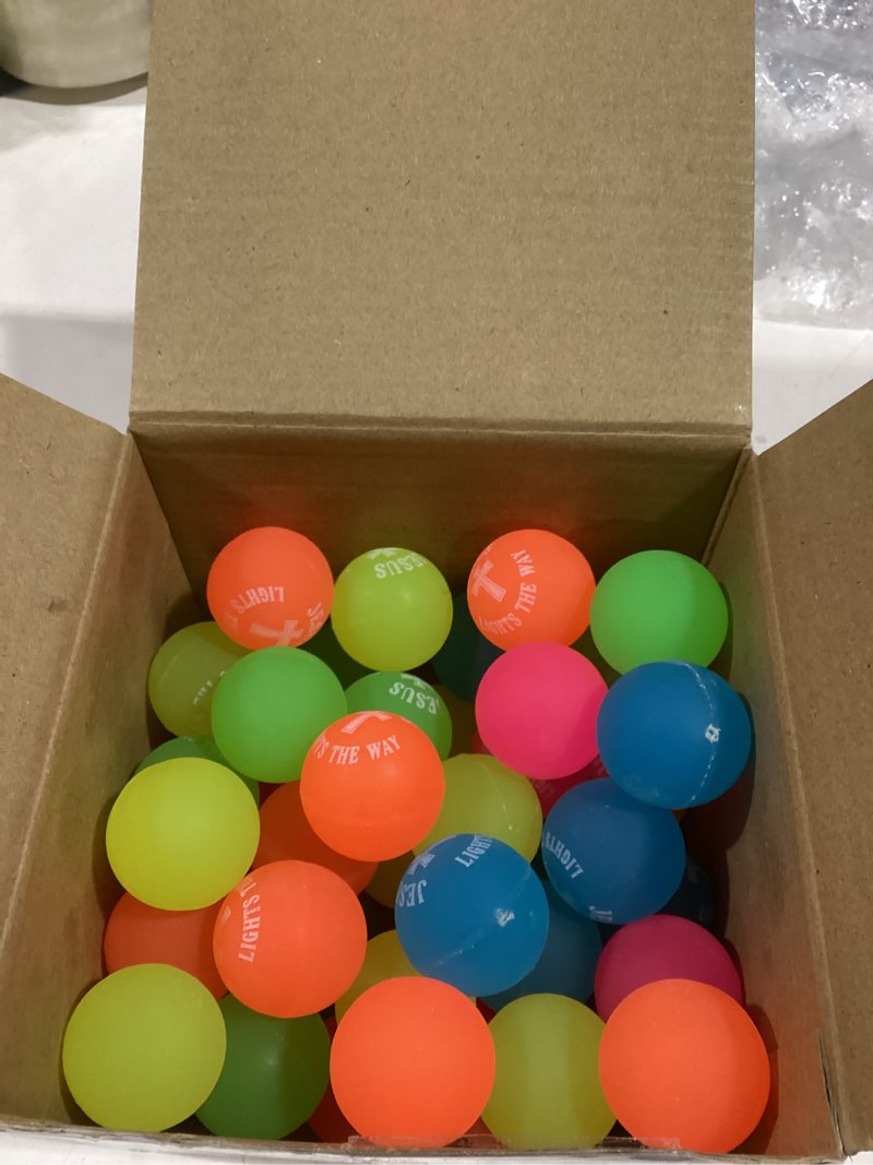 Condition photo showing As Is for 50 Pcs Christian Glow in The Dark Bouncy Balls Colorful Jesus Lights The Way Rubber Bouncing Balls for Easter Religious Basket Stuffers Party Favors
