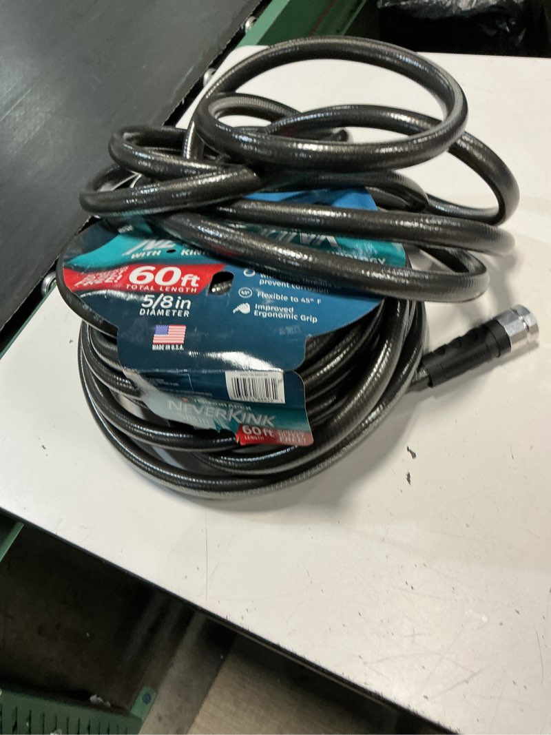 Condition photo showing As Is for neverkink teknor apex 5/8-in x 60-ft heavy-duty kink free vinyl gray coiled hose