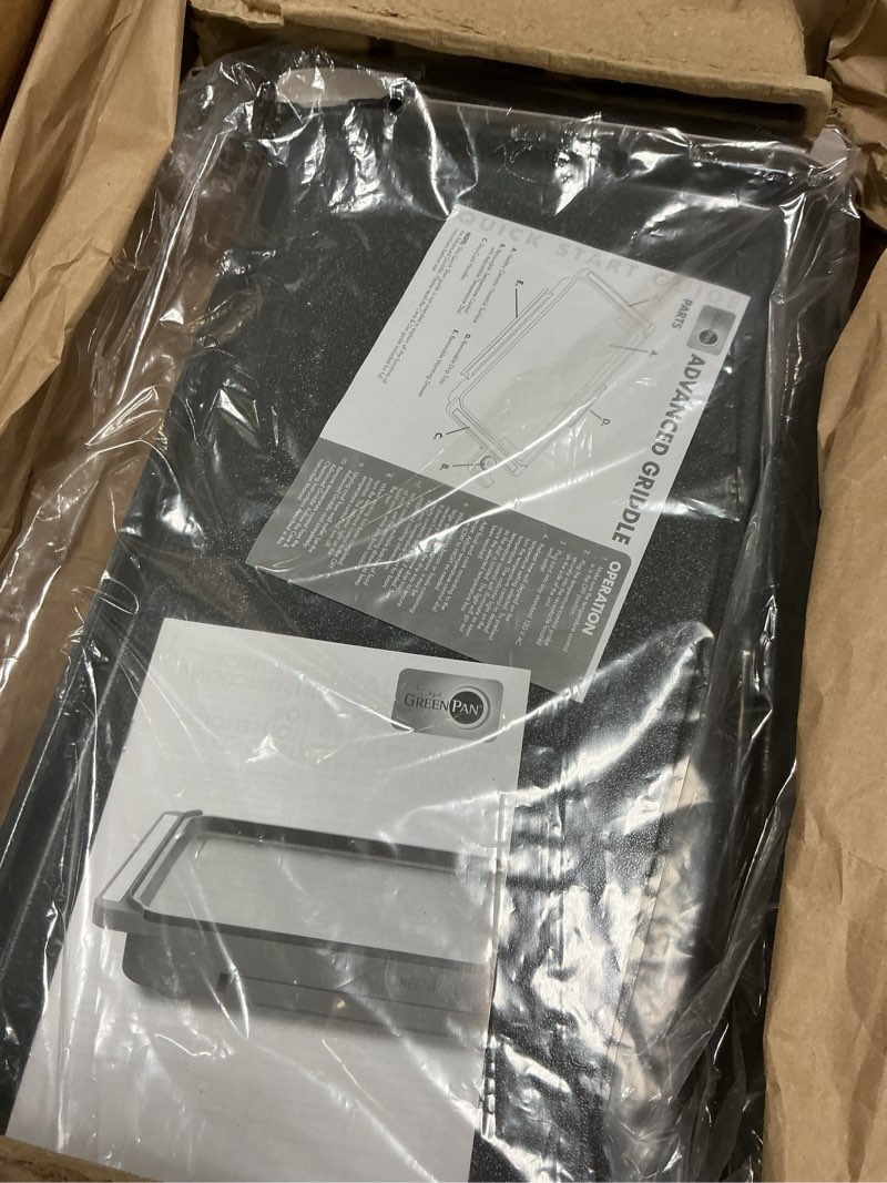 Condition photo showing As Is for GreenPan Advanced 10.5”x 20” Electric Griddle with Warming Drawer, Healthy Ceramic Nonstick PFAS-Free Coating, Temperature Control, Easy and Versatile Countertop Meals, Dishwasher Safe, Clay 10.5" x 20" Electric Griddle Clay