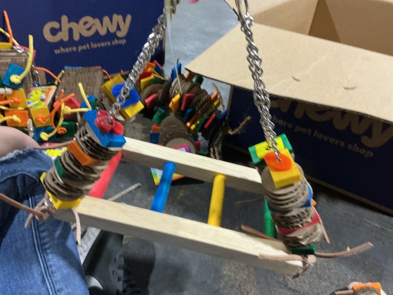 Condition photo showing Good Condition for (Similar to stock photo) Super Bird Creations SB748 Flying Trapeze Bird Toy for Conures, Quakers, Cockatiels, Parrots, Senegals, Multi-Colored Chain, Seagrass Mat, Enrichment Toy - Medium Bird Size, 14\" x 13\" x 12\"