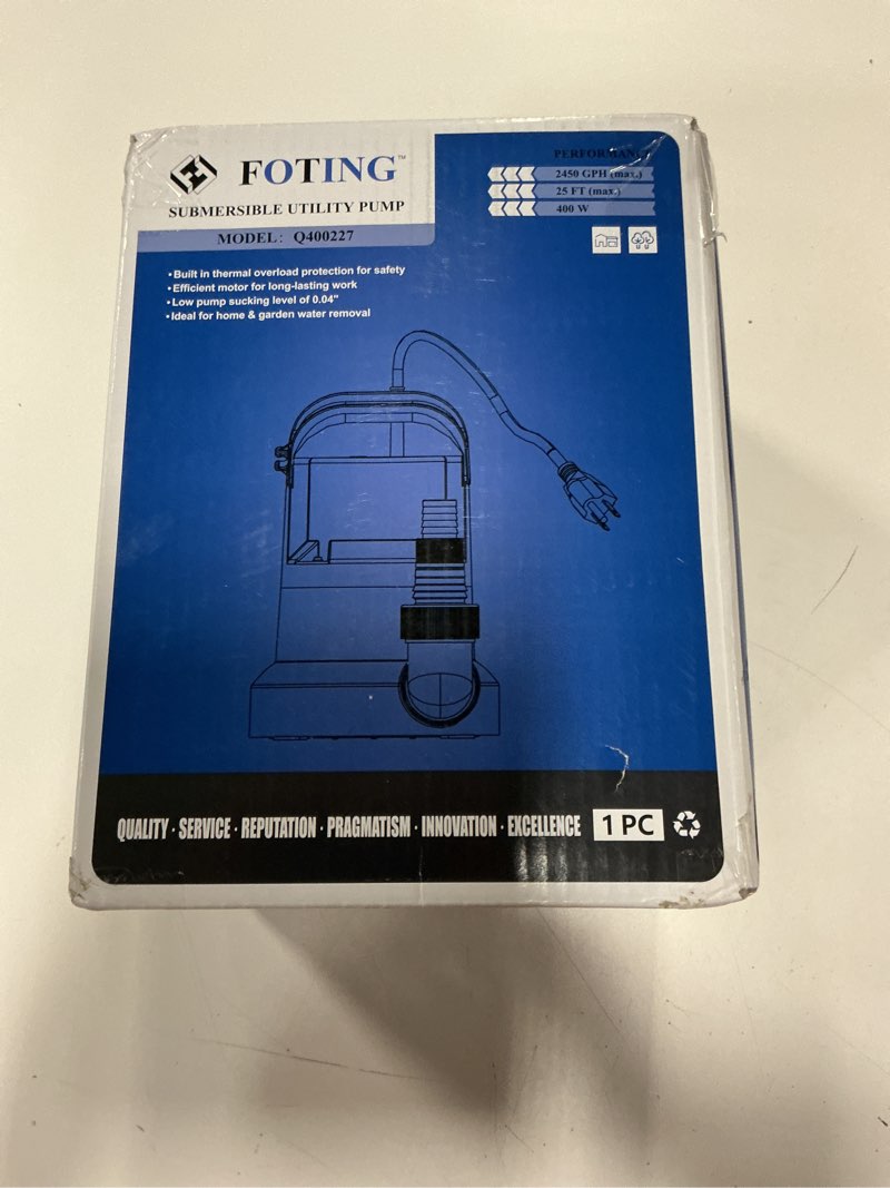 Condition photo showing New/Like New for FOTING 1/2HP Submersible Water Pump with Stainless Steel Base - Removes Water to 0.04" Depth, 2450GPH Portable Sump Pump for Puddles, Pools, Boats, Gardens & Ponds - 10Ft Cord Included 1/2 HP 2450 GPH