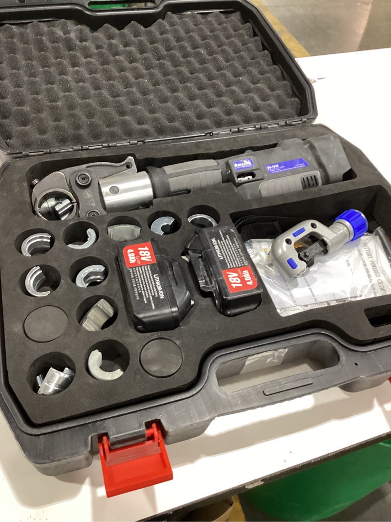 Condition photo showing As Is for amzcnc 18v pro press tool for professional copper & pex plumbing | cordless plumbing press tool kit w/ 1/2", 3/4", 1" copper & 3/8"-1" astm f1807 pex dies | compatible with f877 press fittings bs-1930