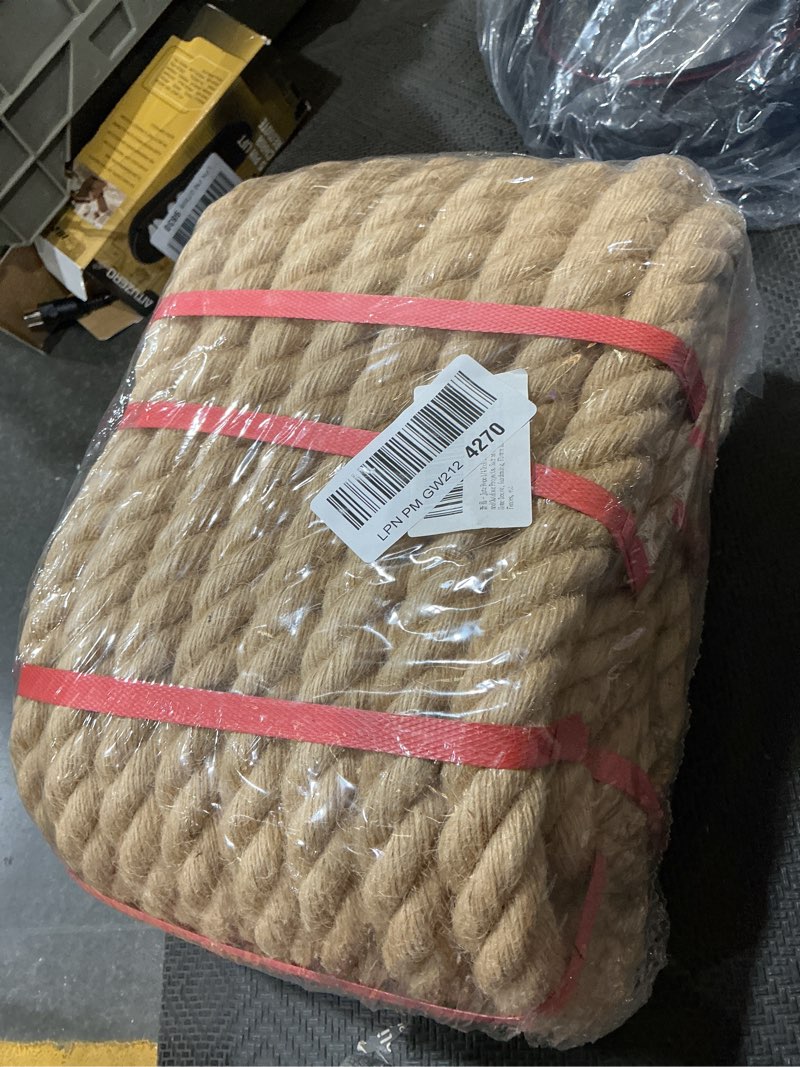 Condition photo showing New/Like New for jute rope 1-1/4" x 50ft, 4 ply 2500lb breaking strength heavy duty natural jute twine, industrial grade cord for tug of war, ship mooring, heavy binding, large christmas tree wrap, commercial decor 1-1/4"x50ft