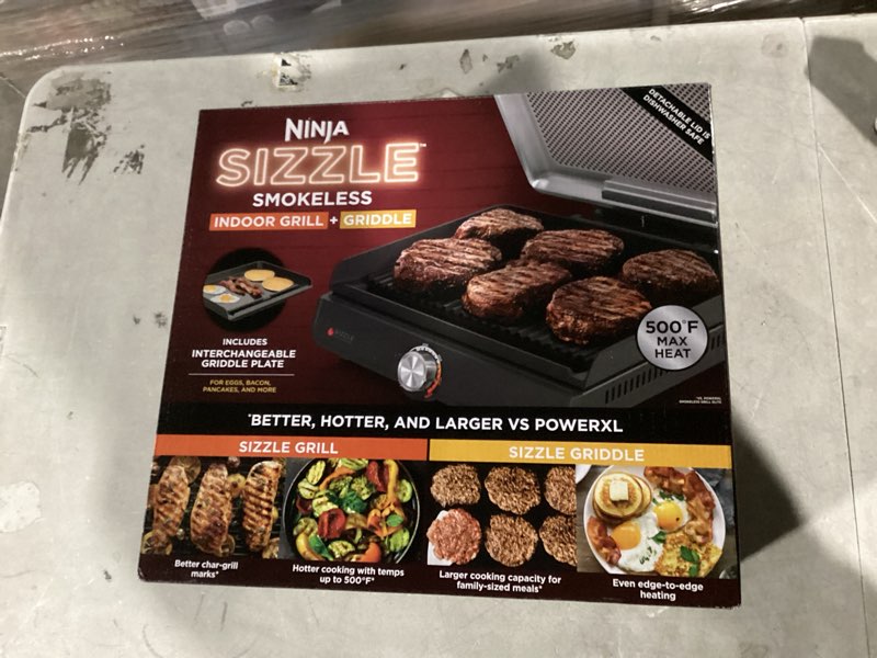 Condition photo showing Good Condition for ninja griddle and indoor grill, 14’’, electric grill, for steak, burgers, salmon, veggies, and more, pancake griddle, nonstick, dishwasher safe, 500f, even cooking, silver, gr101