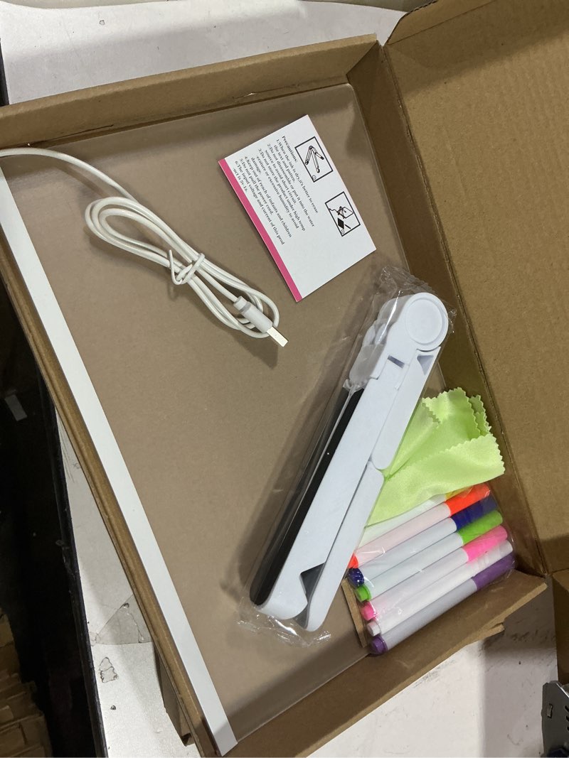 Condition photo showing New/Like New for LED Drawing Board 11.8"x7.9", USB Rechargeable Acrylic Dry Erase Glow Message Board with 7 Colored Markers, Cleaning Cloth & Triangular Stand, Classroom, Office & Home Night Light Decor
