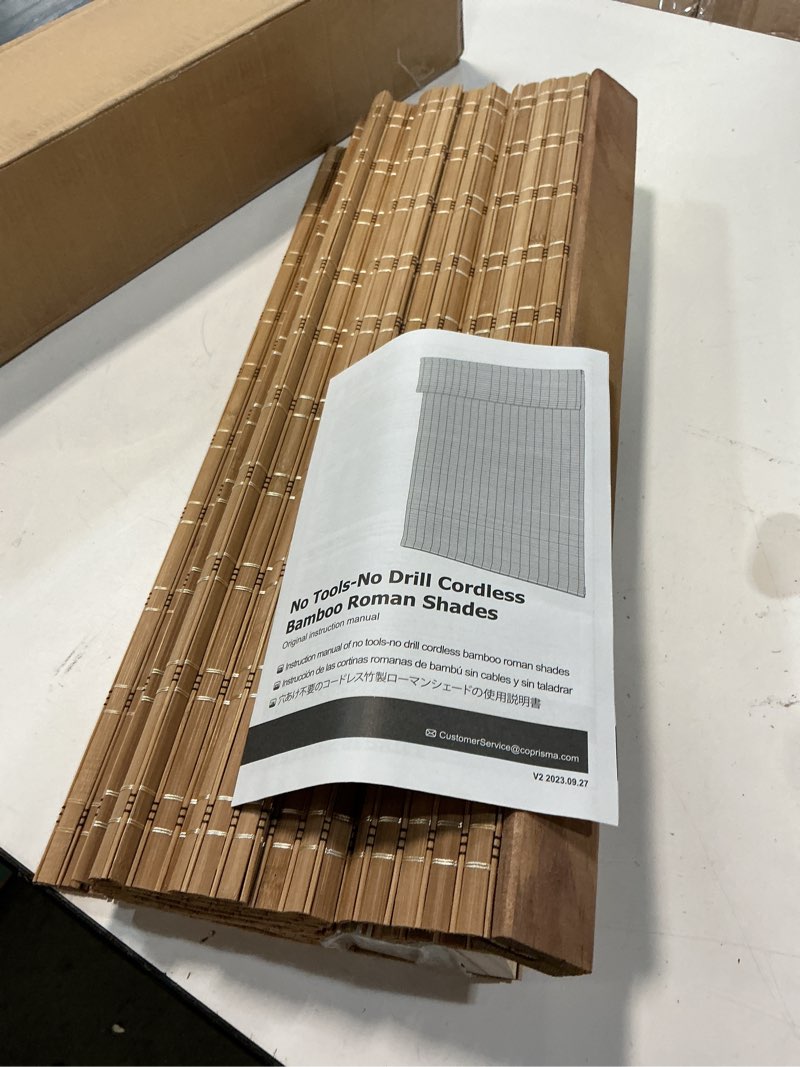 Condition photo showing As Is for no drill no tools bamboo roman shades, cordless light filtering window blinds with valance, natural woven wood shades for living room dining room, brown, 22" w x 64" h