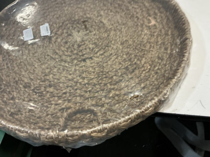 Condition photo showing New/Like New for Rattan Round Serving Tray with Handles 27.6 Inches Round Braided Bankuan Basket with Handles for Decorative Coffee Table Fruit Bread