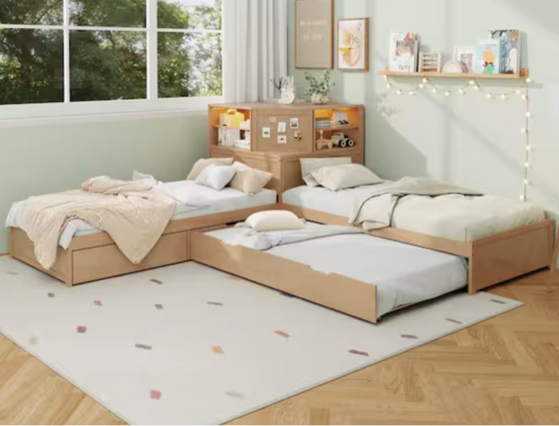Natural (Yellow) Wood Frame Twin L-shaped Platform Bed with Trundle and Drawers Linked with Built-in Desk and LED