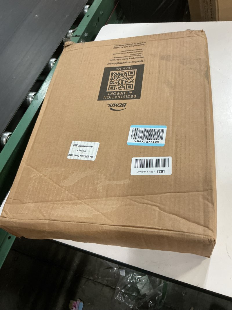 Condition photo showing New/Like New for mayfair padded toilet seat, cushioned soft vinyl over wood core seat, secure hinges, easy clean, made in usa, elongated, bone