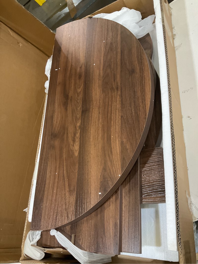 Condition photo showing As Is for knoworld 31.5" round coffee table, small wooden circle center table hole panel splice design coffee tables for living room, thickened edge mdf board, walnut