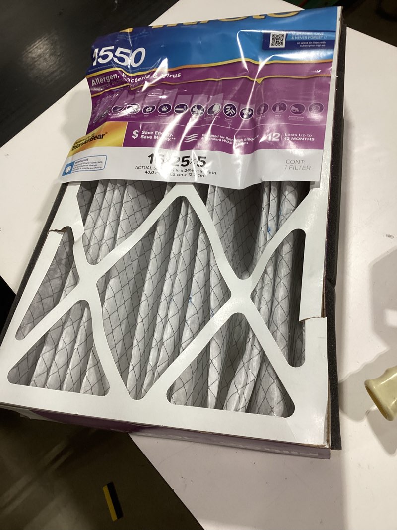 Condition photo showing As Is for Filtrete 16 x 25 x 5 MERV 12 1550 MPR Allergen, Bacteria and Virus Electrostatic pleated Air Filter