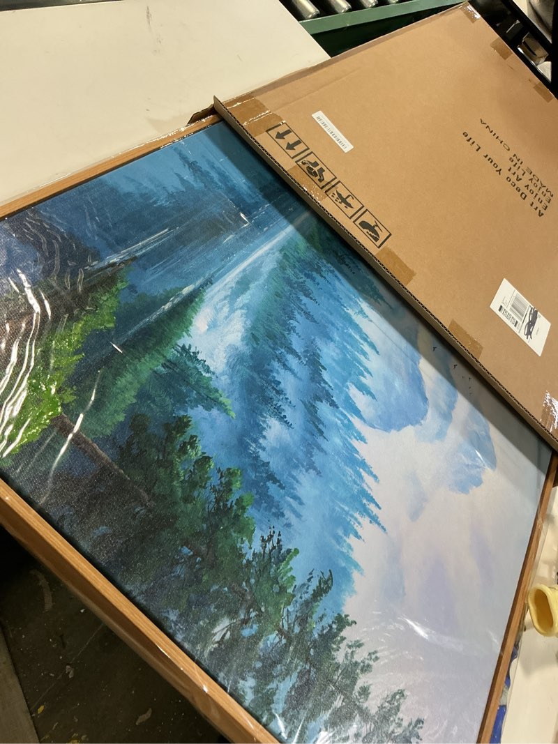 Condition photo showing Good Condition for ardemy landscape wall art canvas for living room, mountain lake nature bedroom painting textured misty forest scenery picture green artwork home office decor, wood framed large 48"x24" 48"l x 24"w green mountain