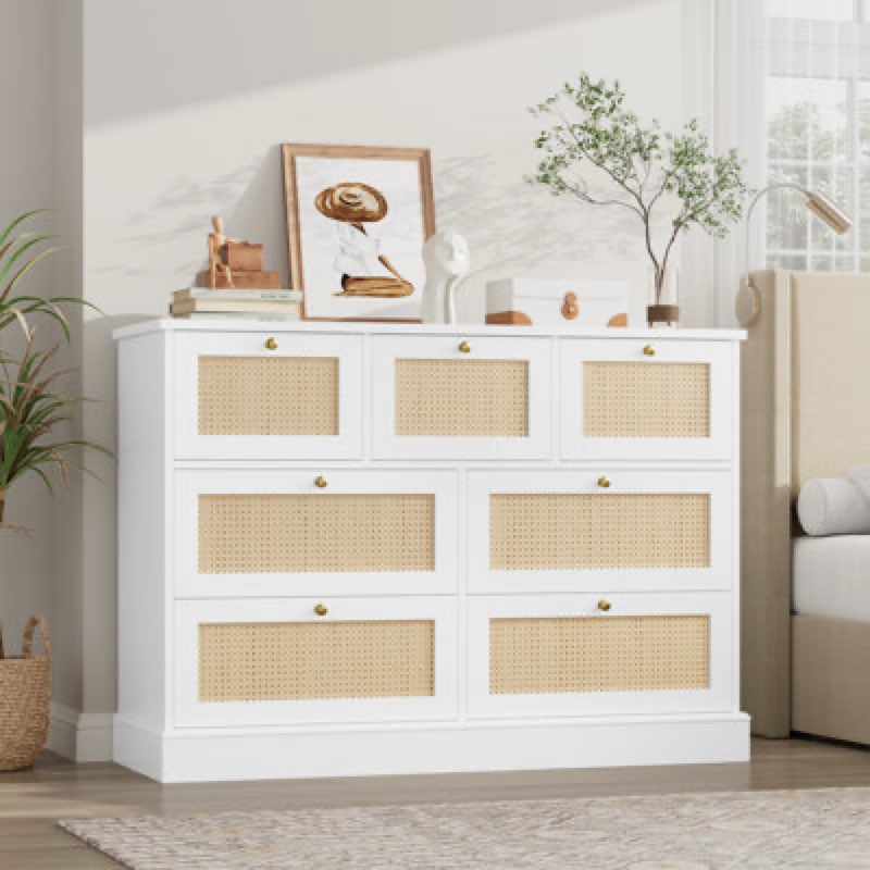Joellen 44.5" W 7 Drawer Rattan Dresser, Wood Storage Chest of Drawers Color: Oak/Black