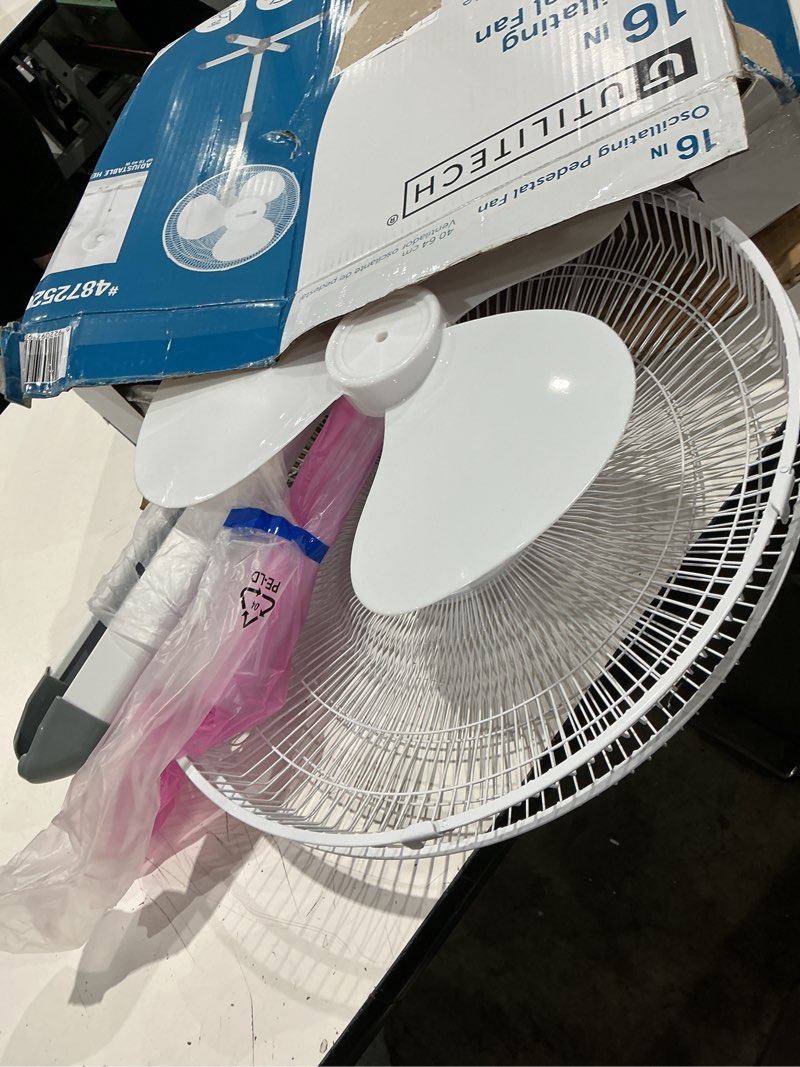Condition photo showing As Is for utilitech 16-in 120-volt 3-speed indoor white oscillating pedestal fan