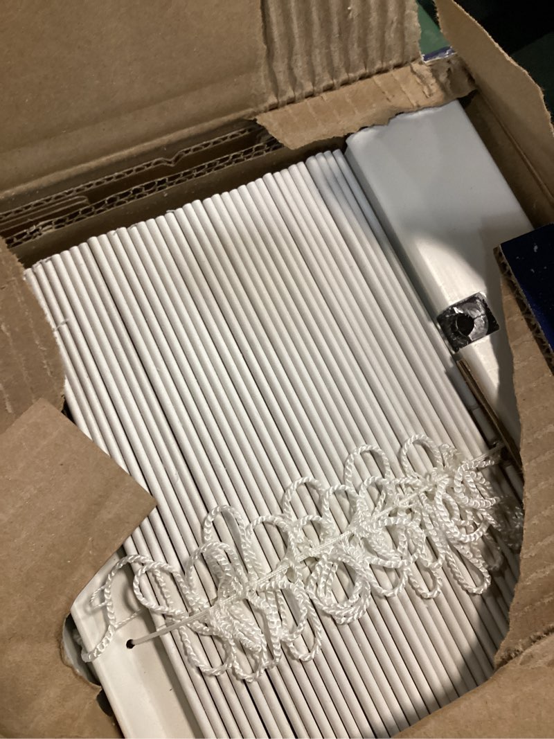 Condition photo showing As Is for levolor trim+go 2-in slat width 57-in x 64-in cordless white faux wood room darkening horizontal blinds