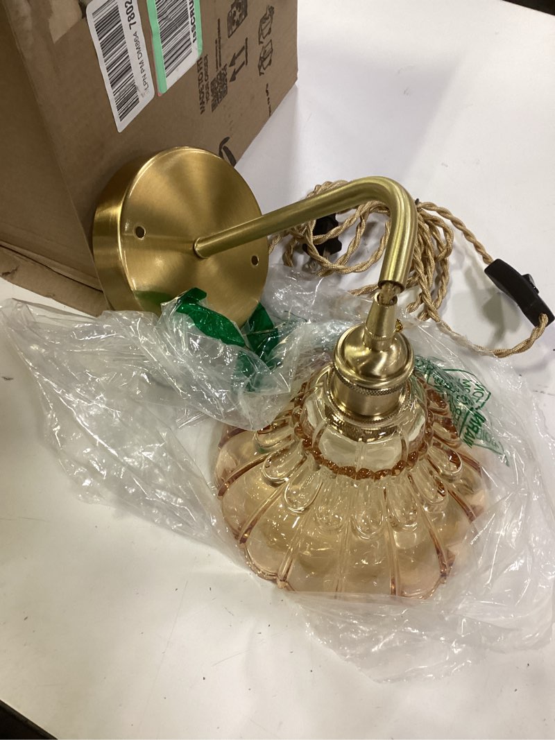 Condition photo showing Good Condition for Vintage Wall Sconce with Amber Lily of The Valley Shade Pattern Glass Adjustable Chain Retro Gold Wall Mounted Light, Modern Wall Lamp Fixtures Decor for Bedside Bedroom Indoor Doorway Lily of the Valley-Amber Hardwired