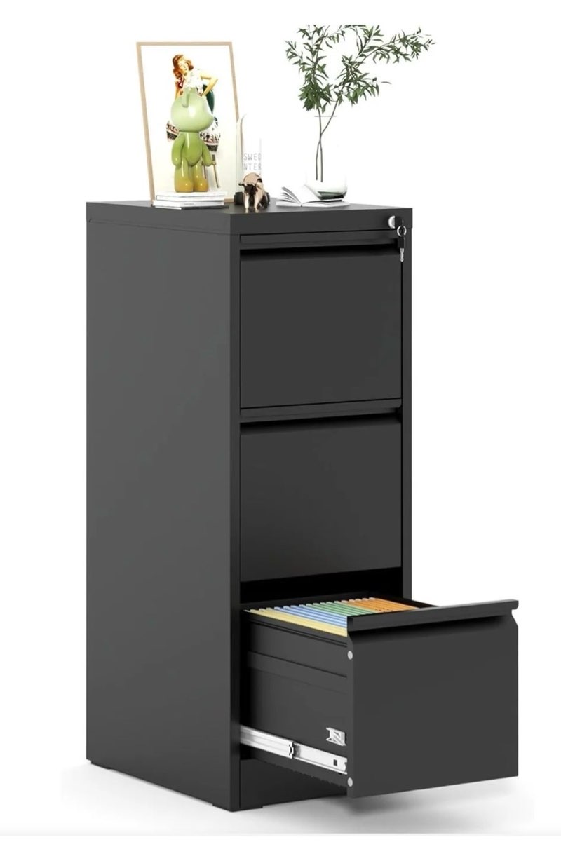 Garvee 3-Drawer File Cabinet with Lock, Heavy Duty Vertical Filing Cabinets for Home Office, Secure Locking Metal Steel Storage Cabinet for Letter/Legal Size File, Assembly Required, Black