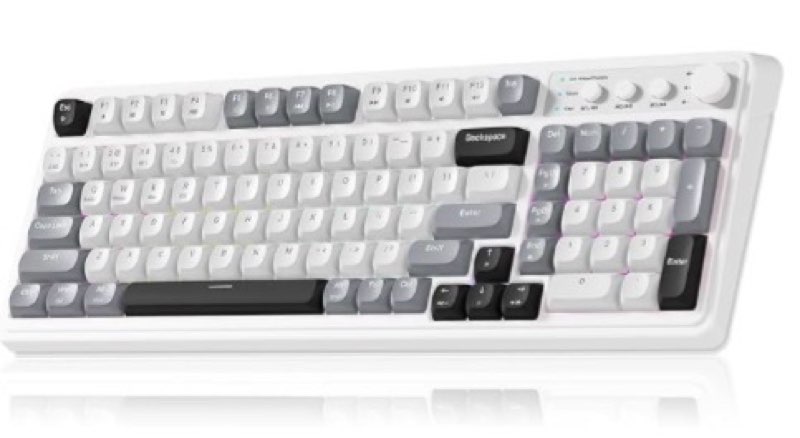 aula 99 wireless keyboard, custom computer keyboard, tri-mode bluetooth 5.0/2.4ghz/usb-c cute creamy gaming keyboards with number pad, rgb backlit media knob programmable keybaord for pc gamer - grey grey-black-white