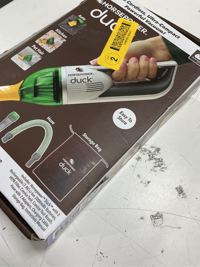 Condition photo showing As Is for Horsepower Duck Cordless Vacuum, Ultra-Powerful, Compact, AS-SEEN-ON-TV, Strong Suction, Easy to Store, Rechargeable. Home, Auto, Pet Hair, Fits in Tiny Crevices, Includes Hose, Crevice Tool & Brush
